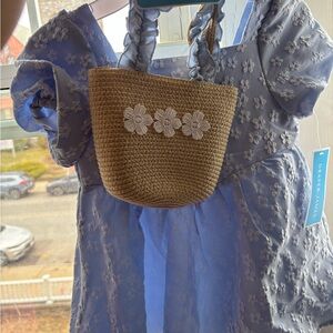 Draper James Pale Blue Floral Eyelet Girls' Dress with Straw Crossbody